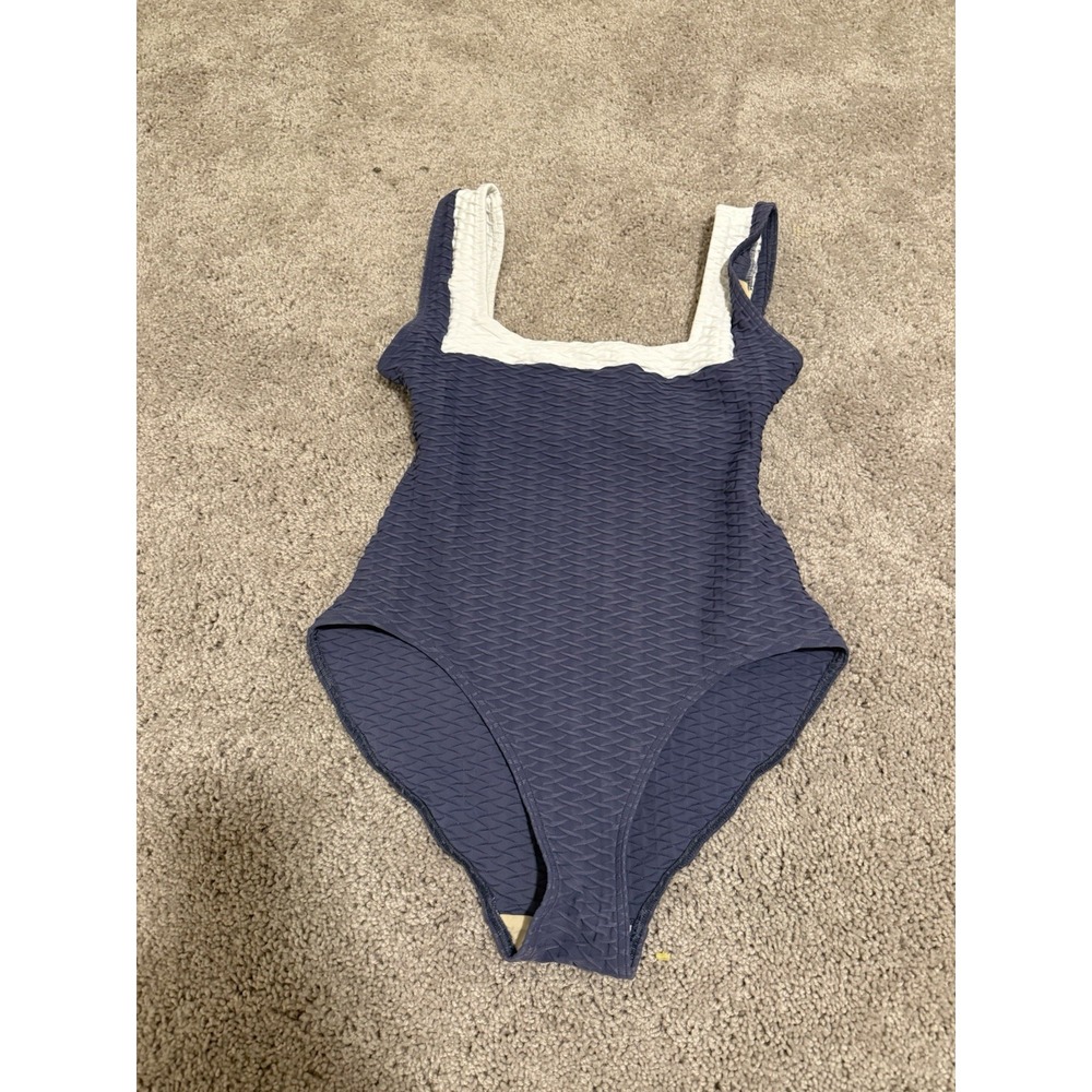 Textured Navy One-Piece Swimsuit with Cream Trim